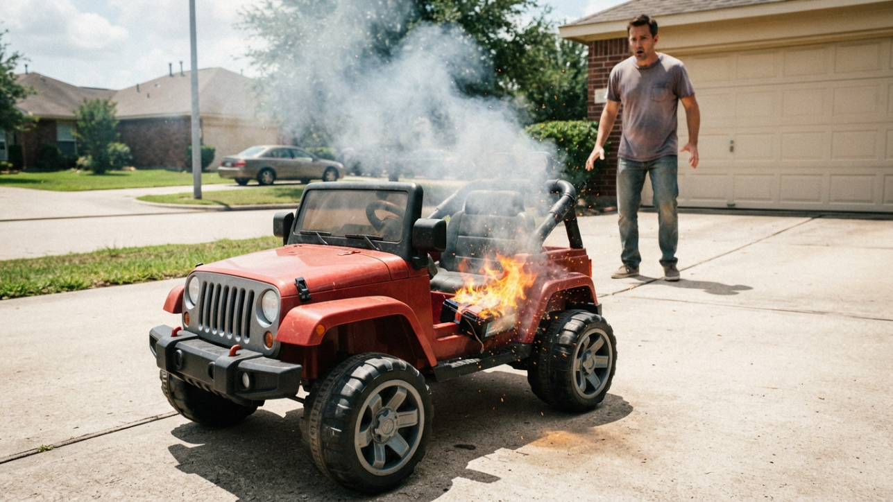 Ghost rider? Toy jeep drove off… then caught fire!