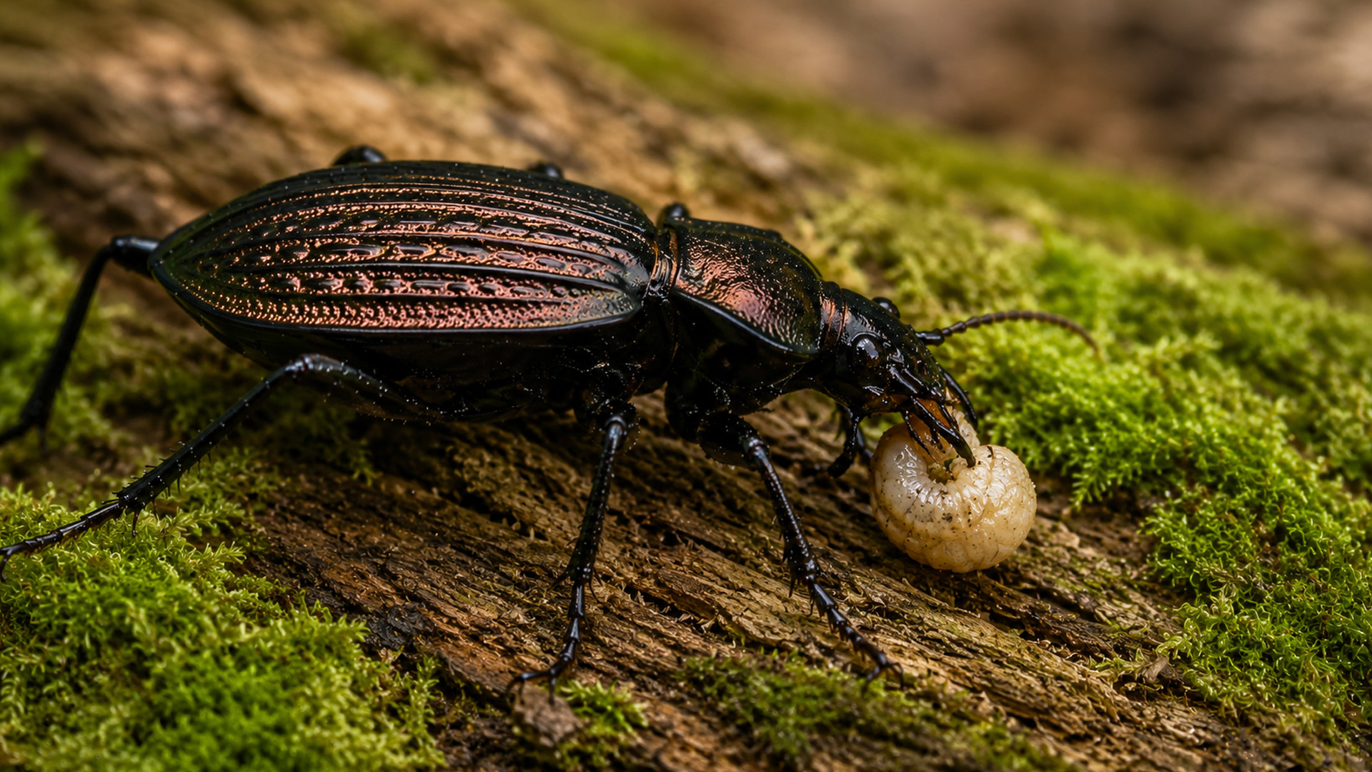 Hidden camera captures a ground beetle feeding on a slug
