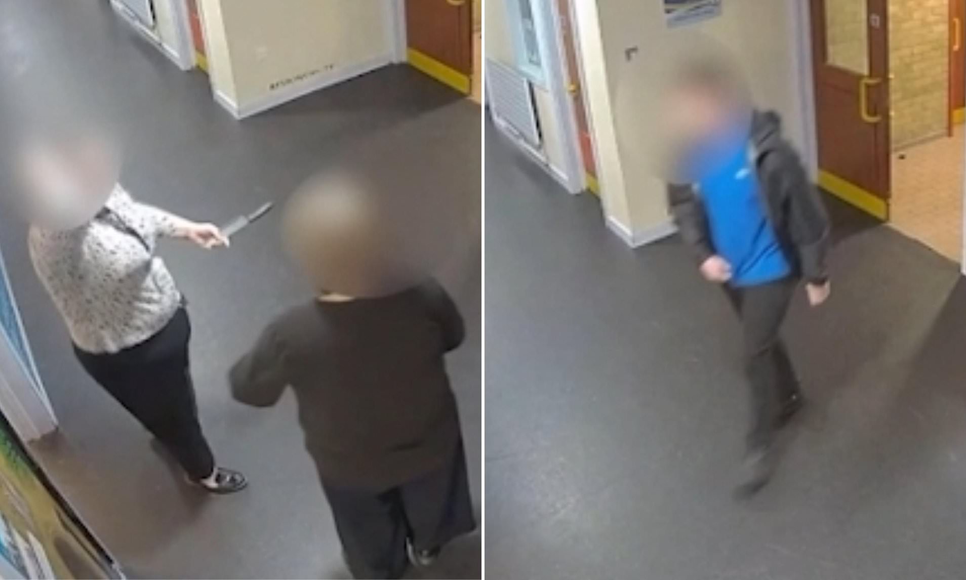 Moment teacher rushes out of classroom with knife in her hand after boy stabbed her in the head