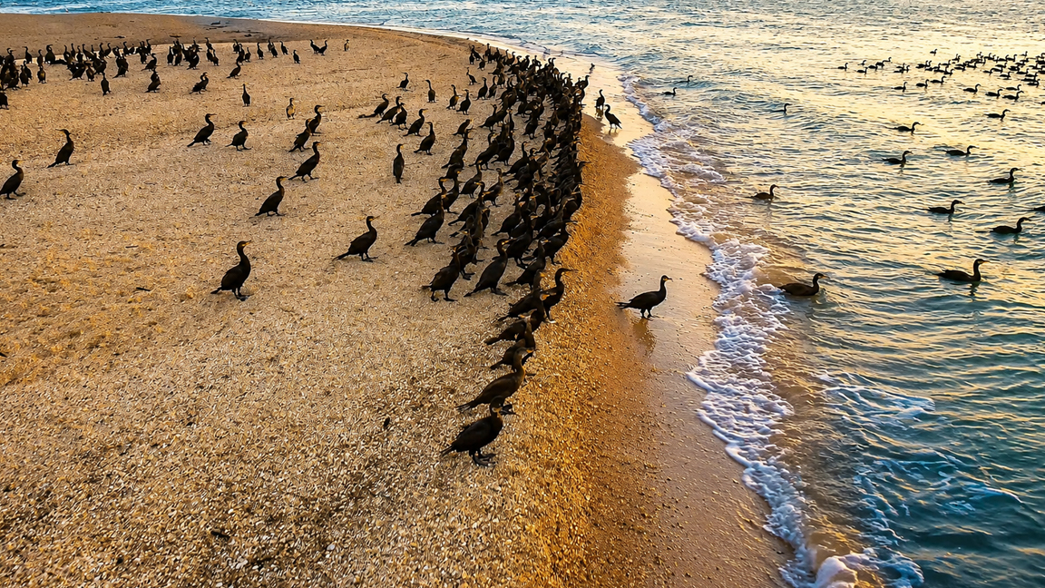 Thousands of seabirds gather along a golden shoreline