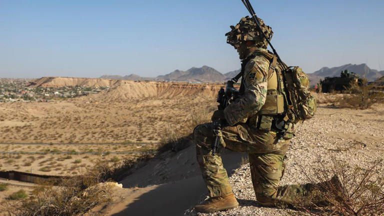 Army Sgt. Drew Scheffer, assigned to Joint Task Force Southern Border, provides surveillance over the southern border near Santa Teresa, N.M. on April 12. The military has been patrolling the southern border as part of the Trump administration crackdown on illegal migration. Fox News