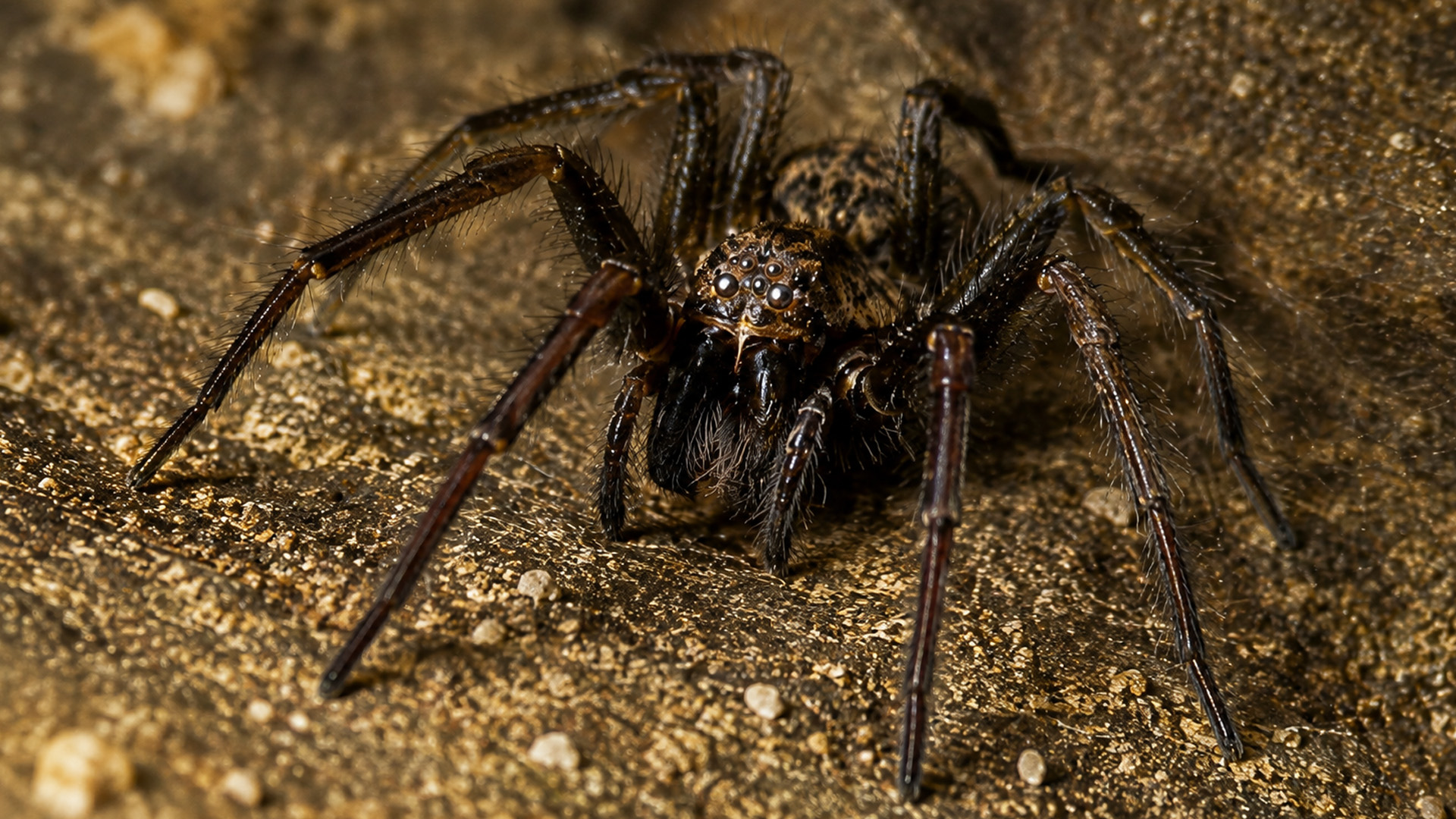Aranha grande se move sobre terreno rochoso em câmera escondida
