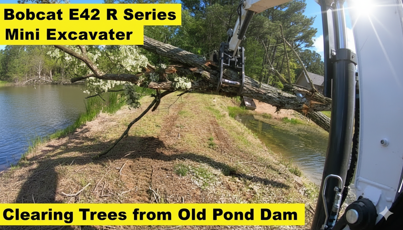 Bobcat E42 R series mini excavator – clearing trees from old pond dam