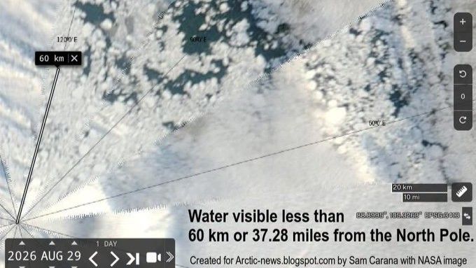 Satellite image shows large patches of open water less than 40 miles from the North Pole