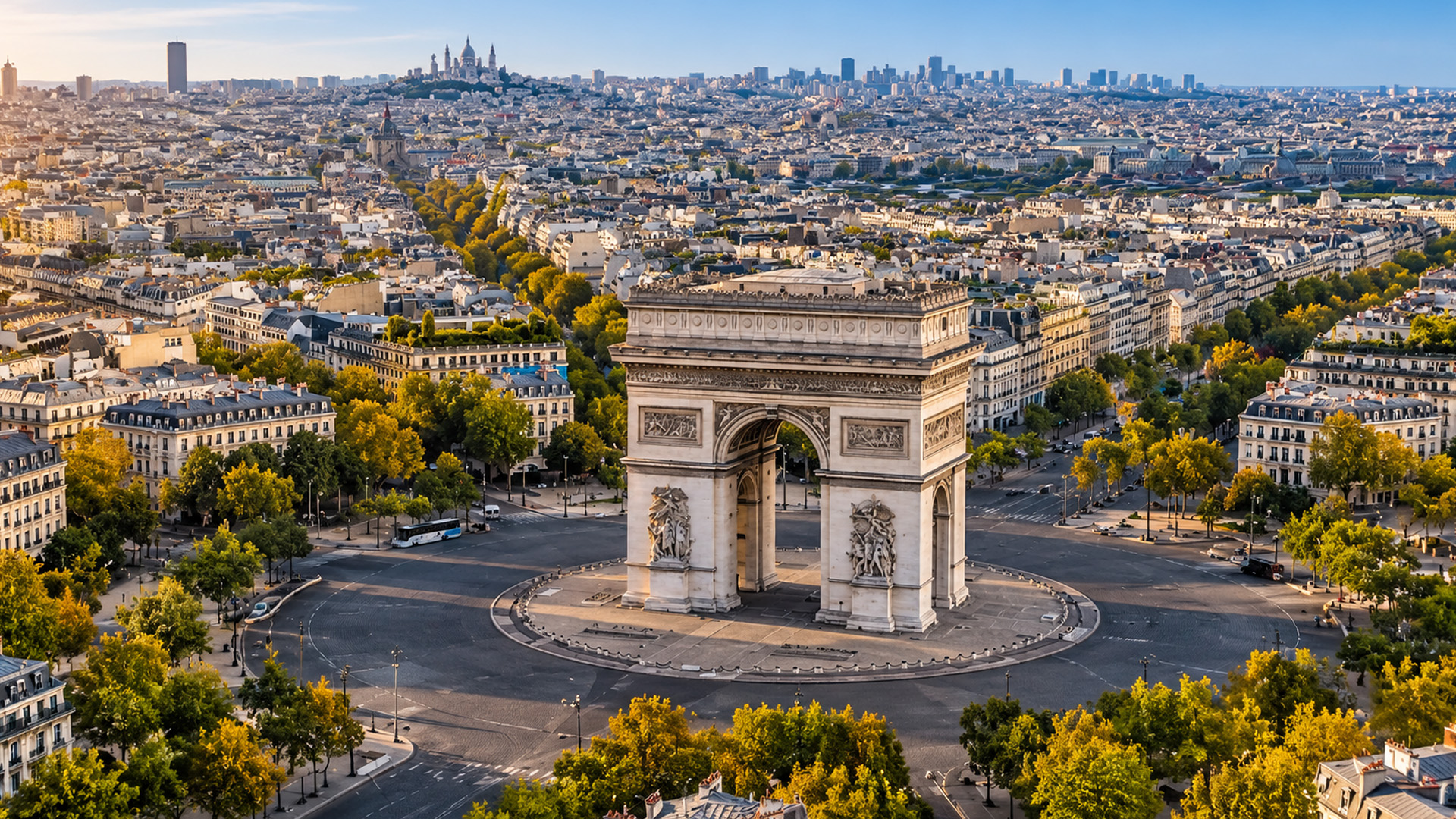 Paris city view centered on the Arc de Triomphe