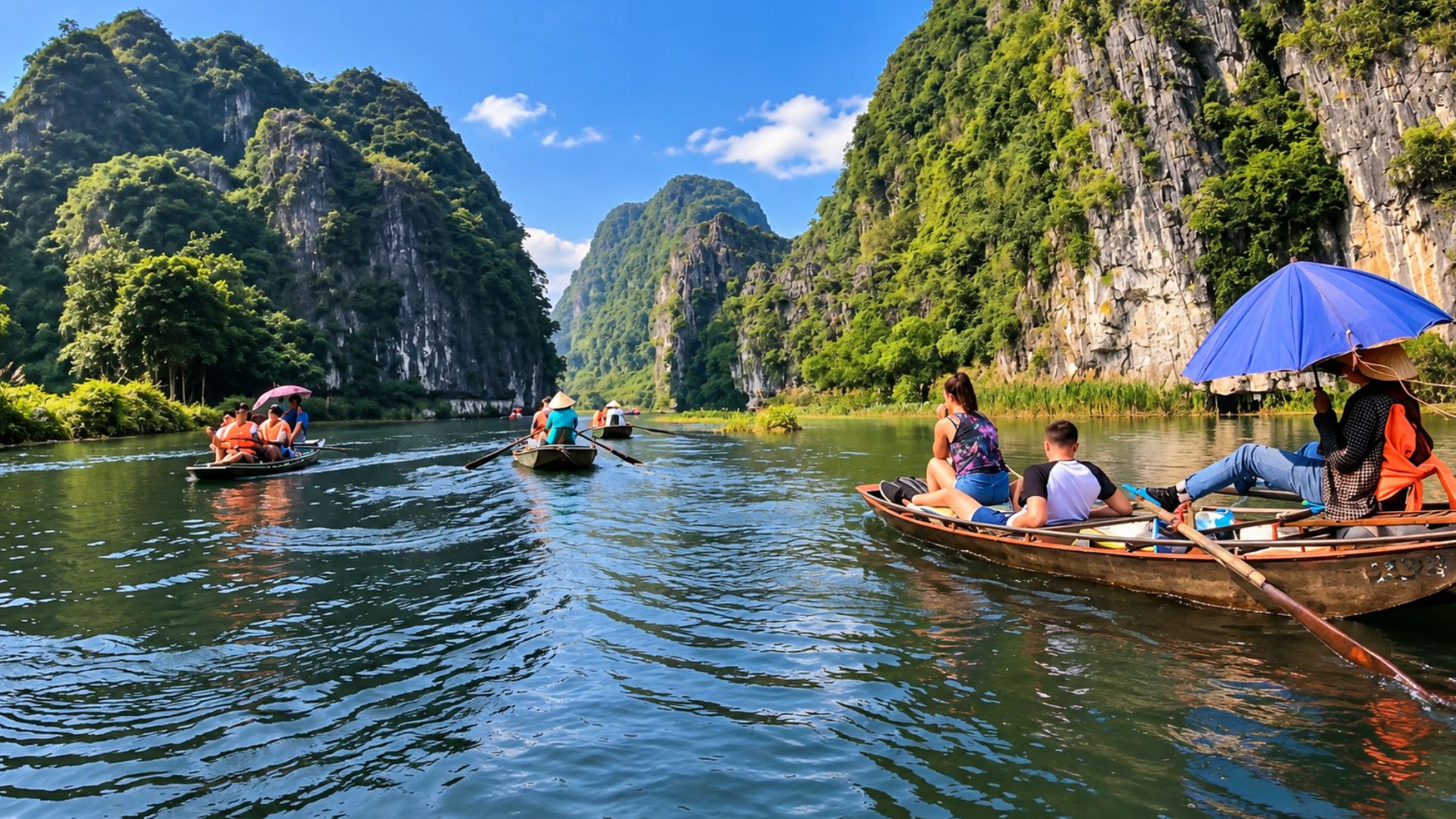 Rowing between limestone cliffs in Trang An Vietnam (4K)