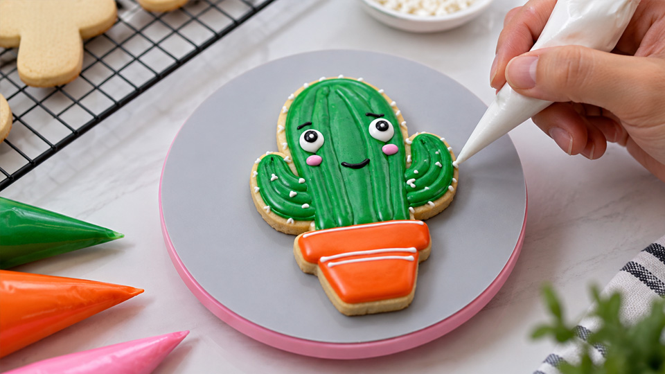 Beautiful cactus cookie decorating with smooth royal icing techniques