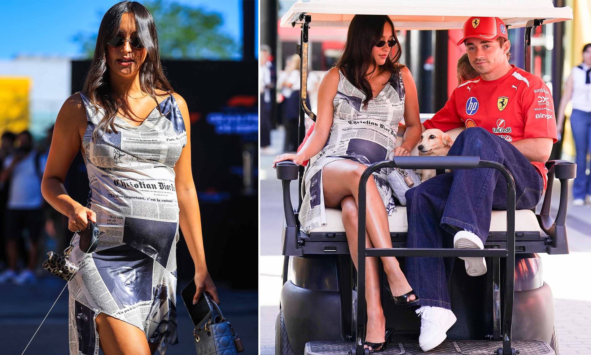 Charles Leclerc's pregnant wife Alexandra shows off her baby bump in iconic Dior newspaper dress