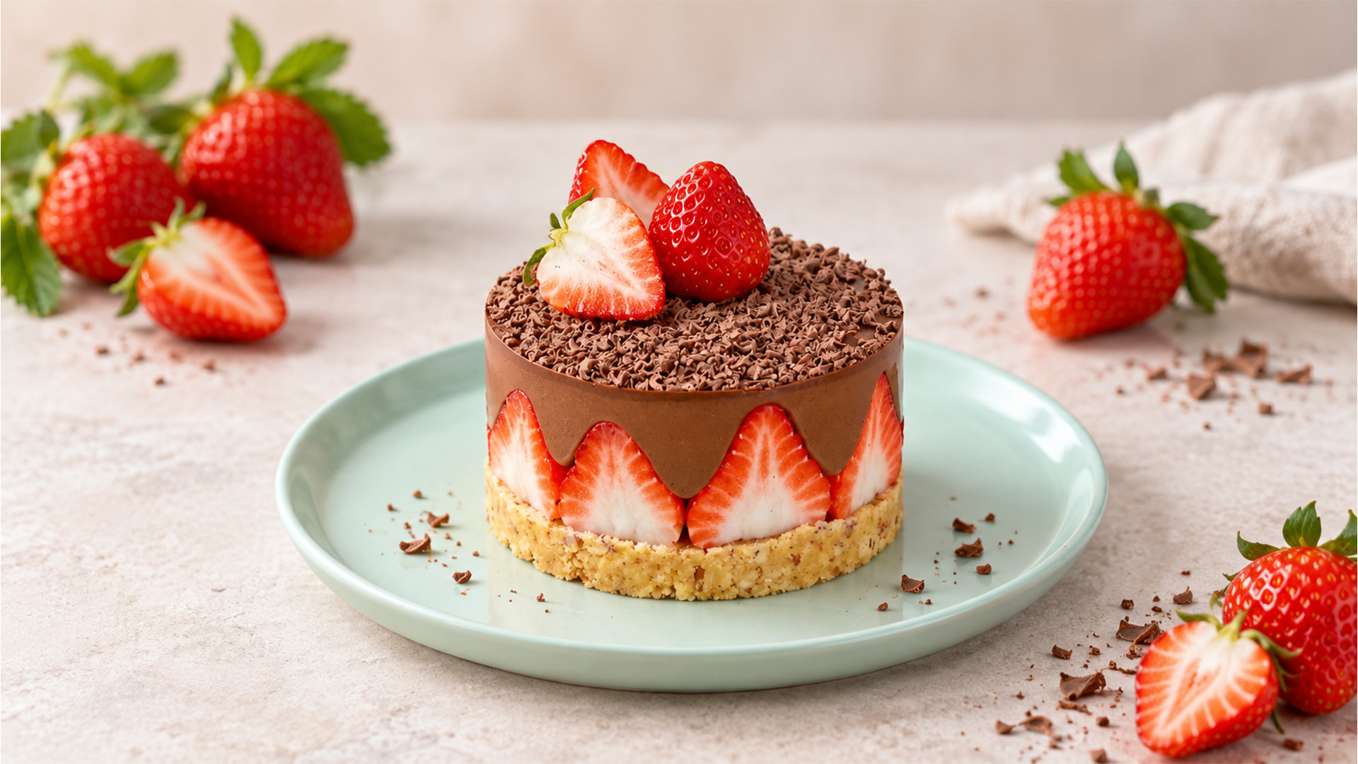 Strawberries peeking through a chocolate cake