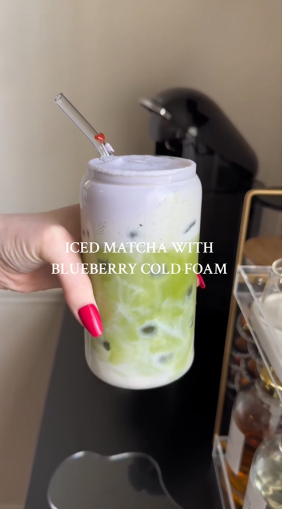 Iced matcha with blueberry cold foam
