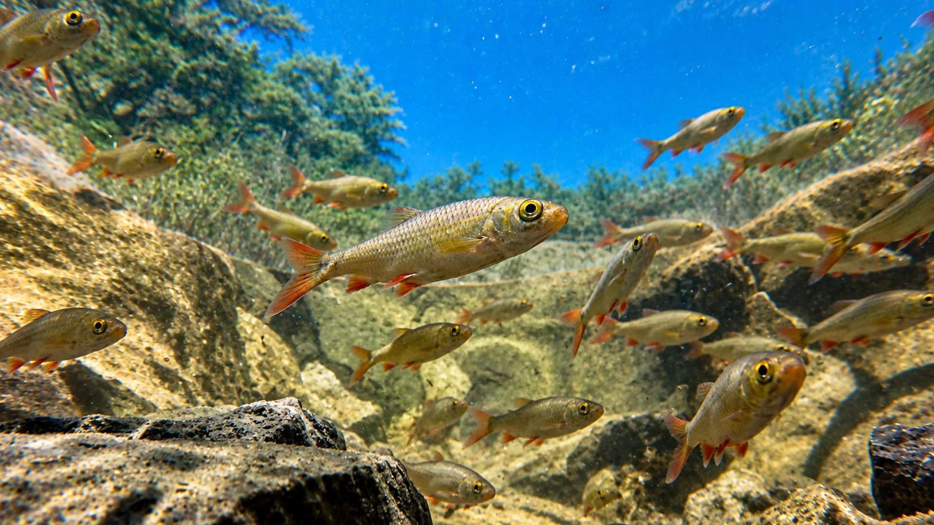 Hidden camera captures a school of river fish swimming over rocks