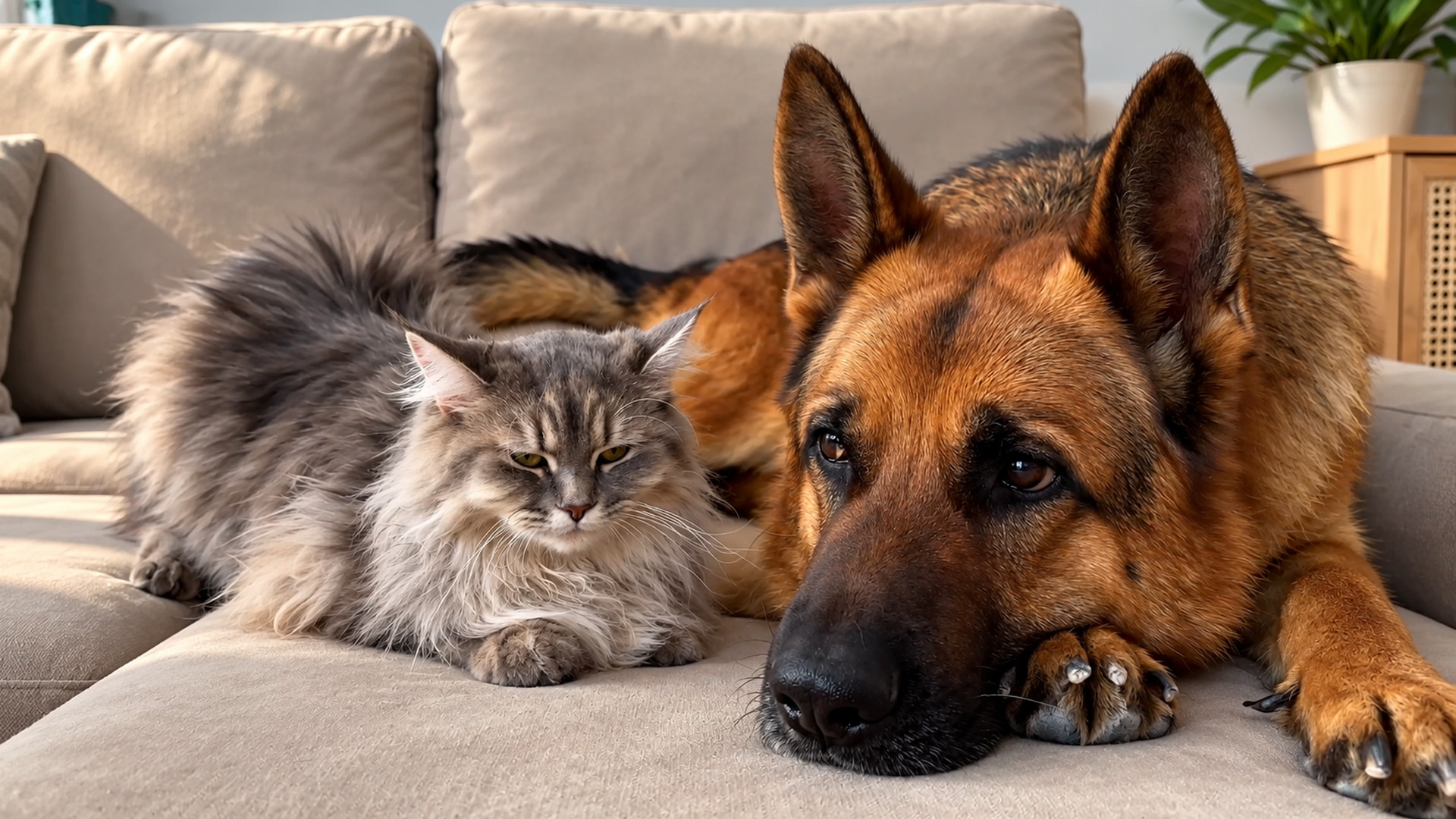 German shepherd gets confused by a cute cat
