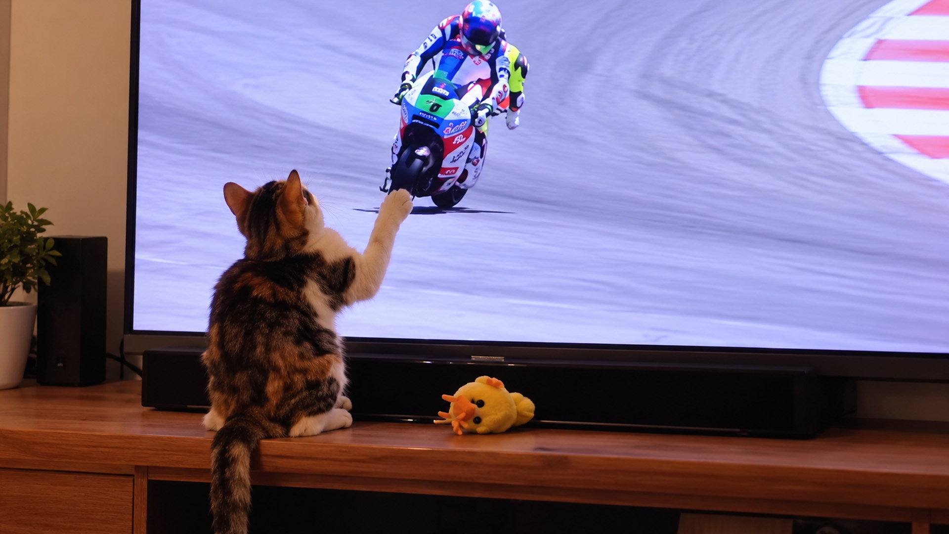 Curious calico cat watches motorcycle racing