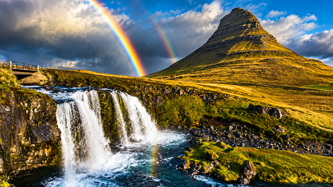 Double rainbow over Iceland’s iconic Kirkjufell