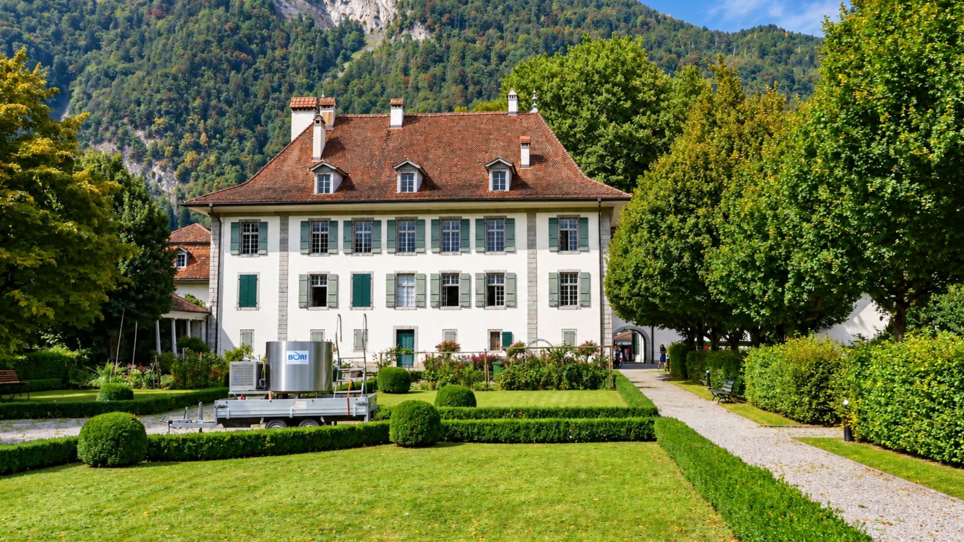 Jardines históricos de Interlaken bajo los Alpes suizos (4K)