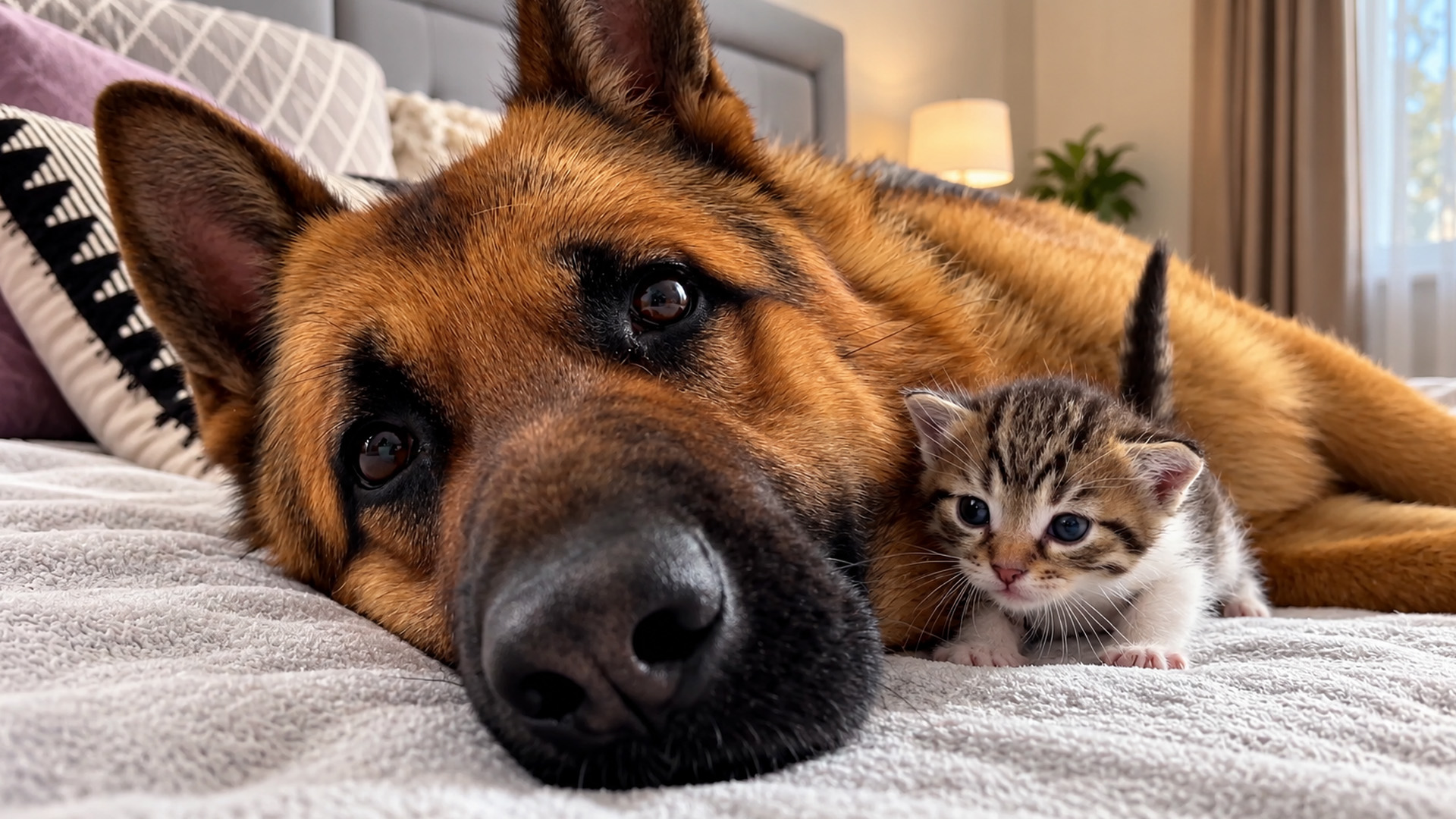 How does a German shepherd react to a tiny kitten?