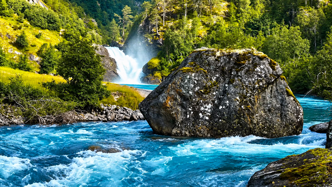 Wild river rushing through a lush forest
