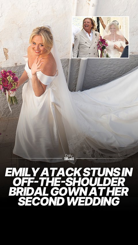 Emily Atack stuns in off-the-shoulder bridal gown at wedding