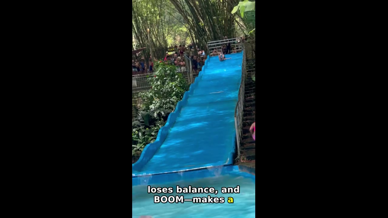 Woman loses balance on pool slide and splashes into water in Recife