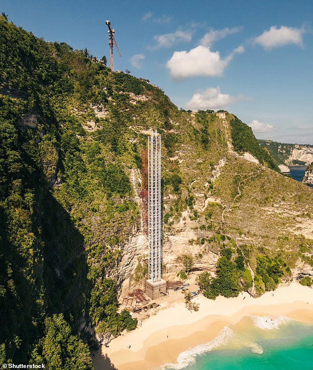 A large lift was built between the clifftop and sand to safely carry visitors down, but construction was called off and it has been largely dismantled since