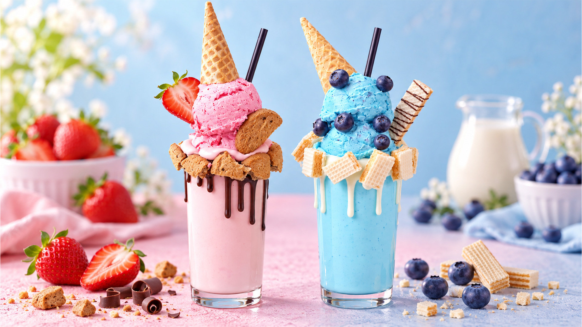 Pink and blue milkshakes with ice cream toppings