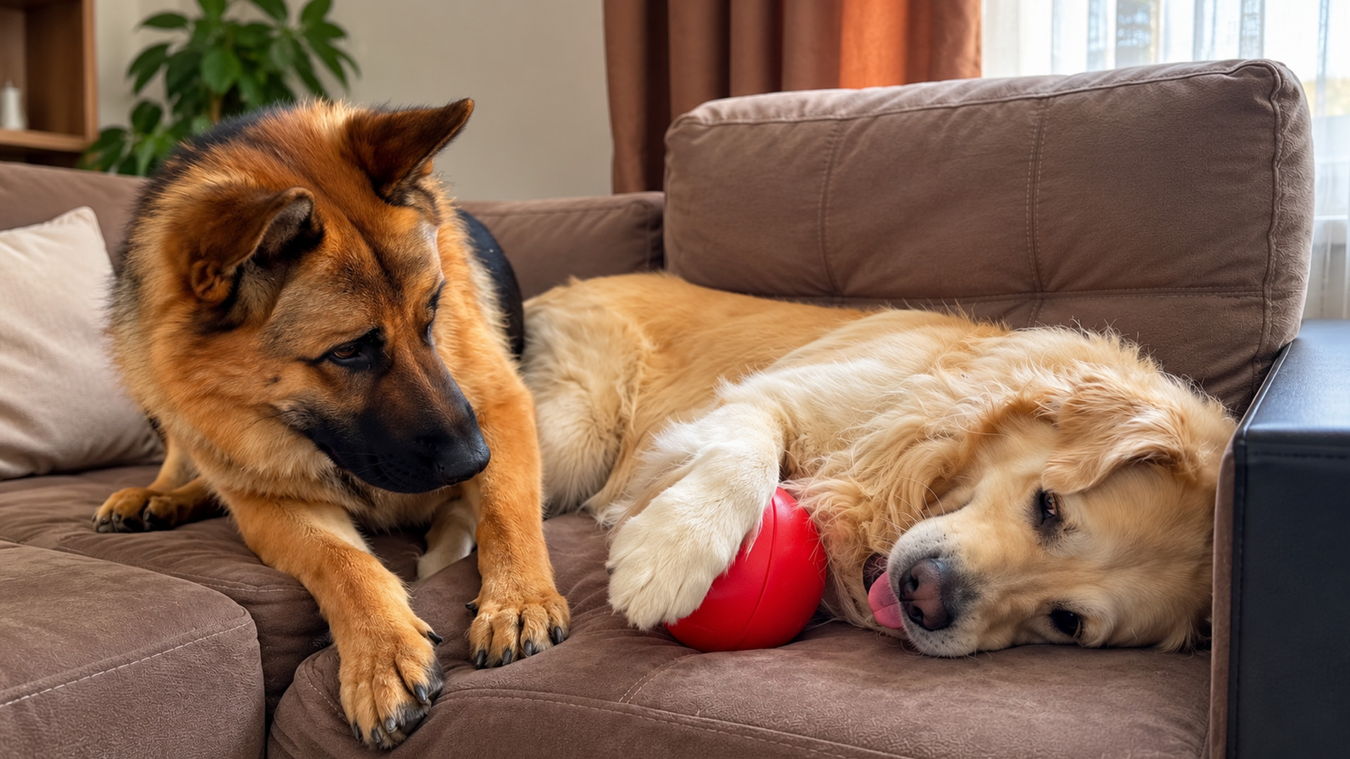 German shepherd demands the ball from golden retriever