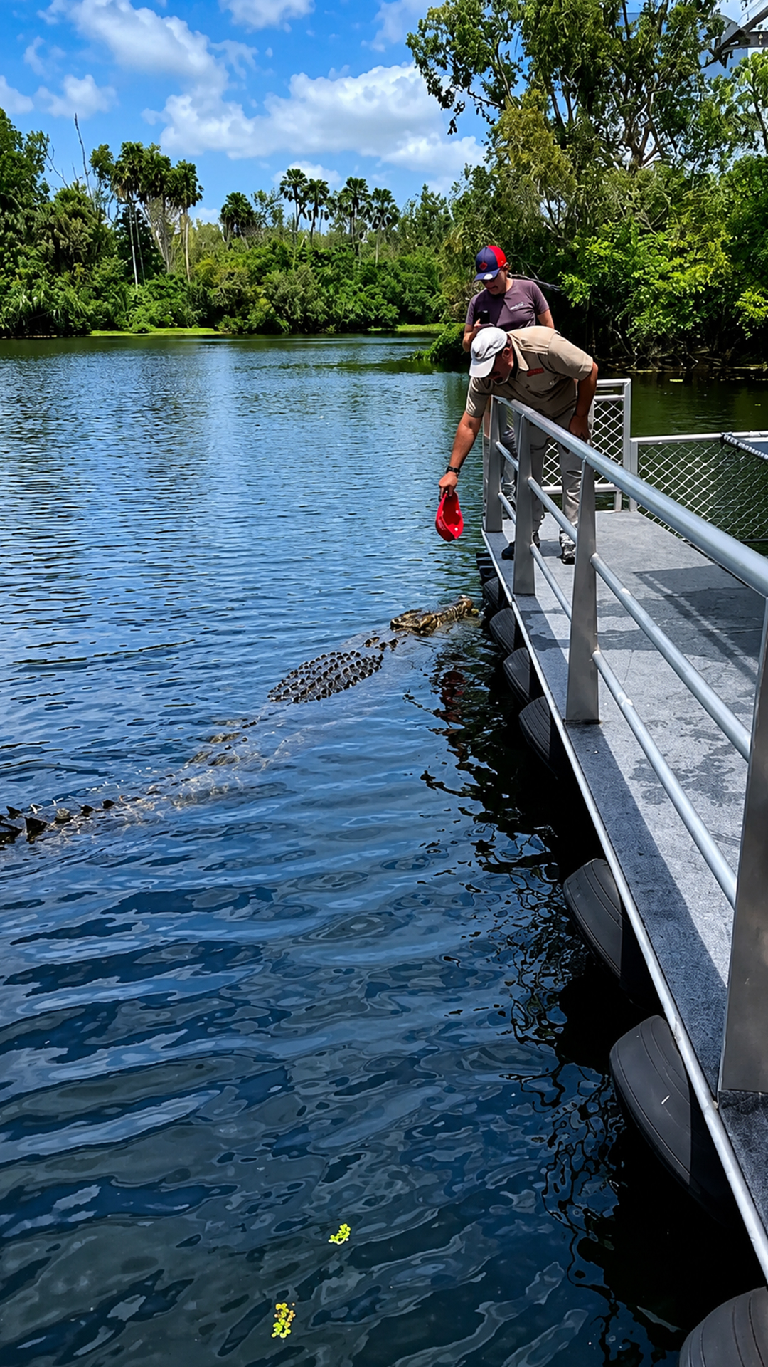 Crocodile shows predatory interest when a baseball cap lands nearby