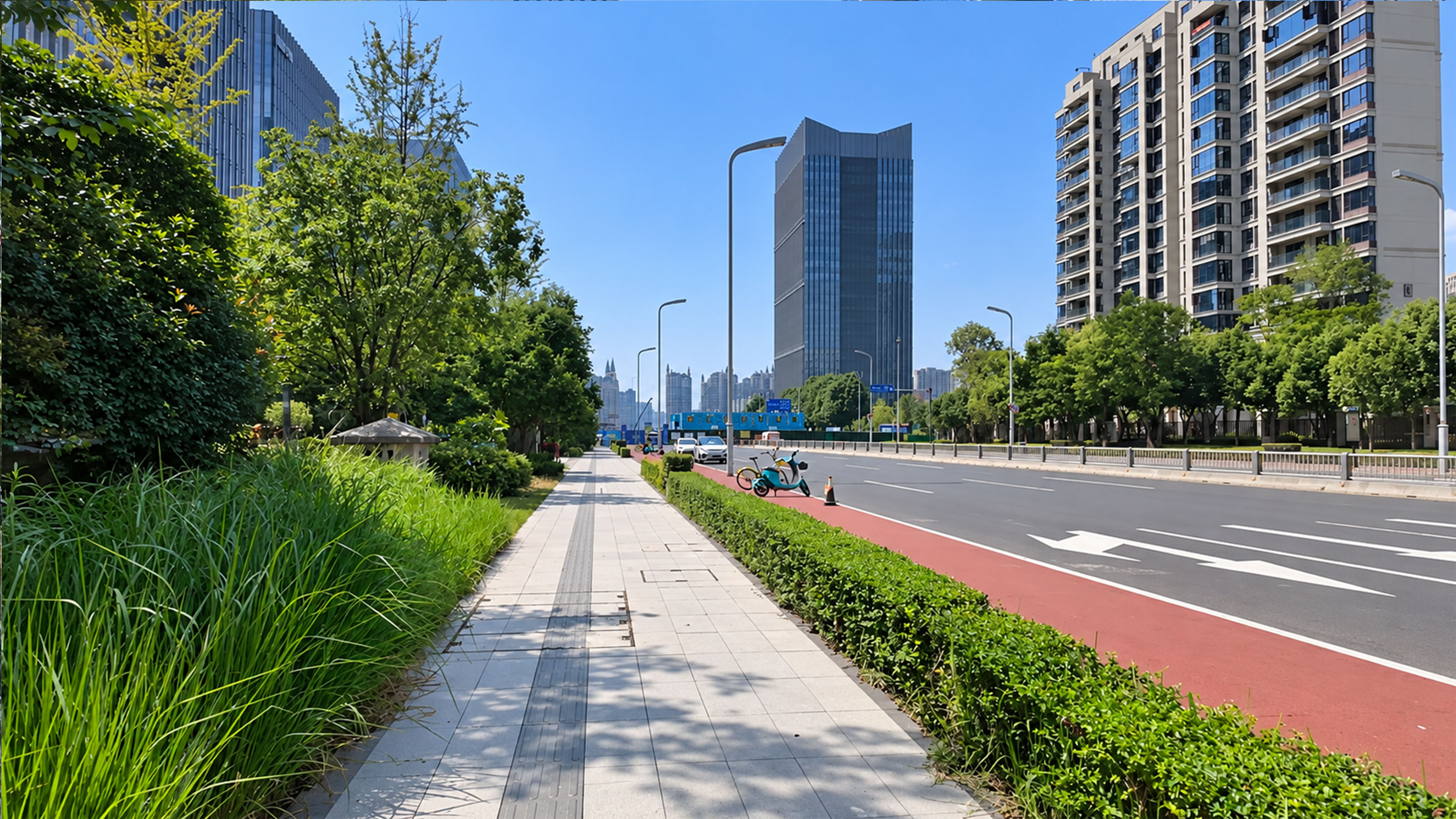 China reveals a wide boulevard surrounded by urban greenery