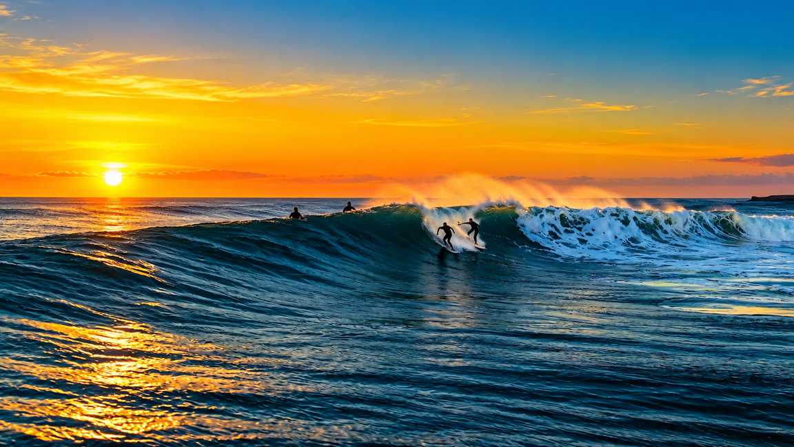 Surfers riding the waves beneath a golden sunset