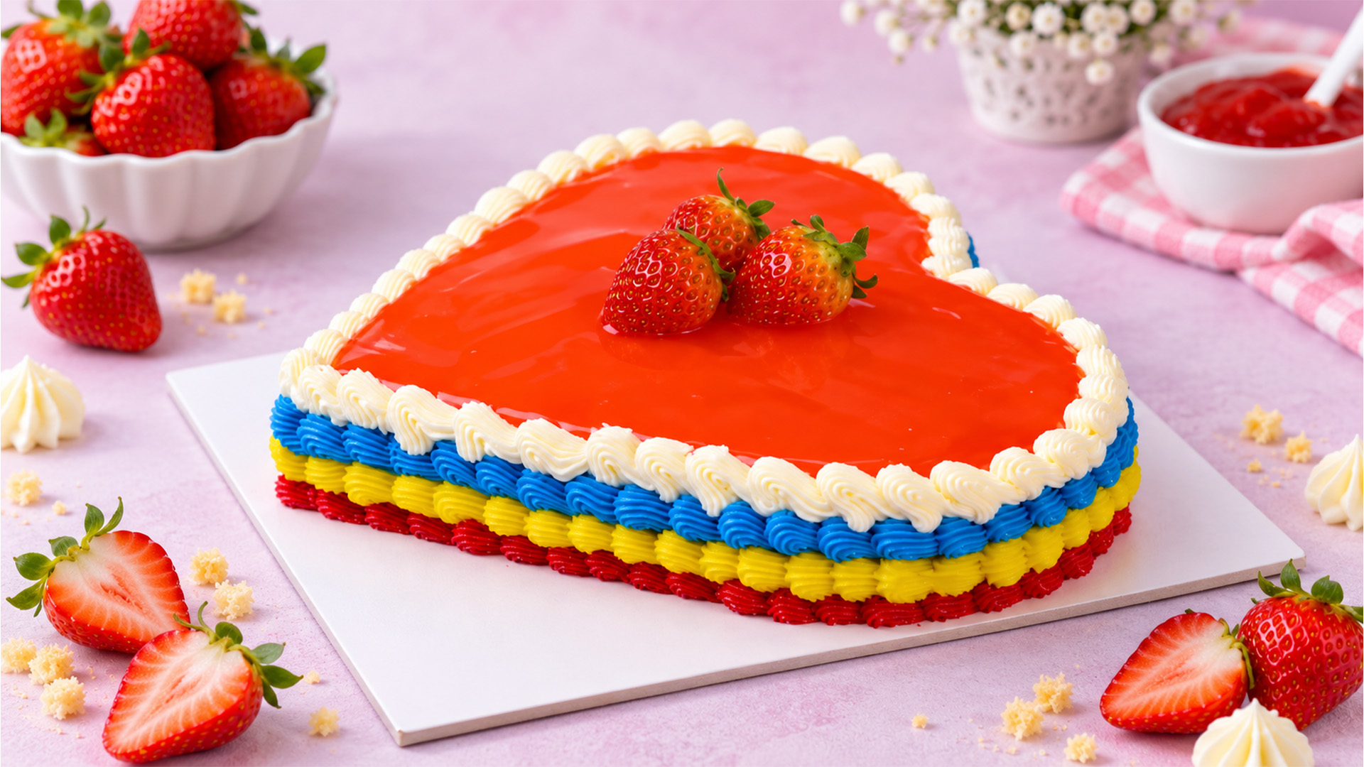 Heart shaped strawberry cake with colorful piping