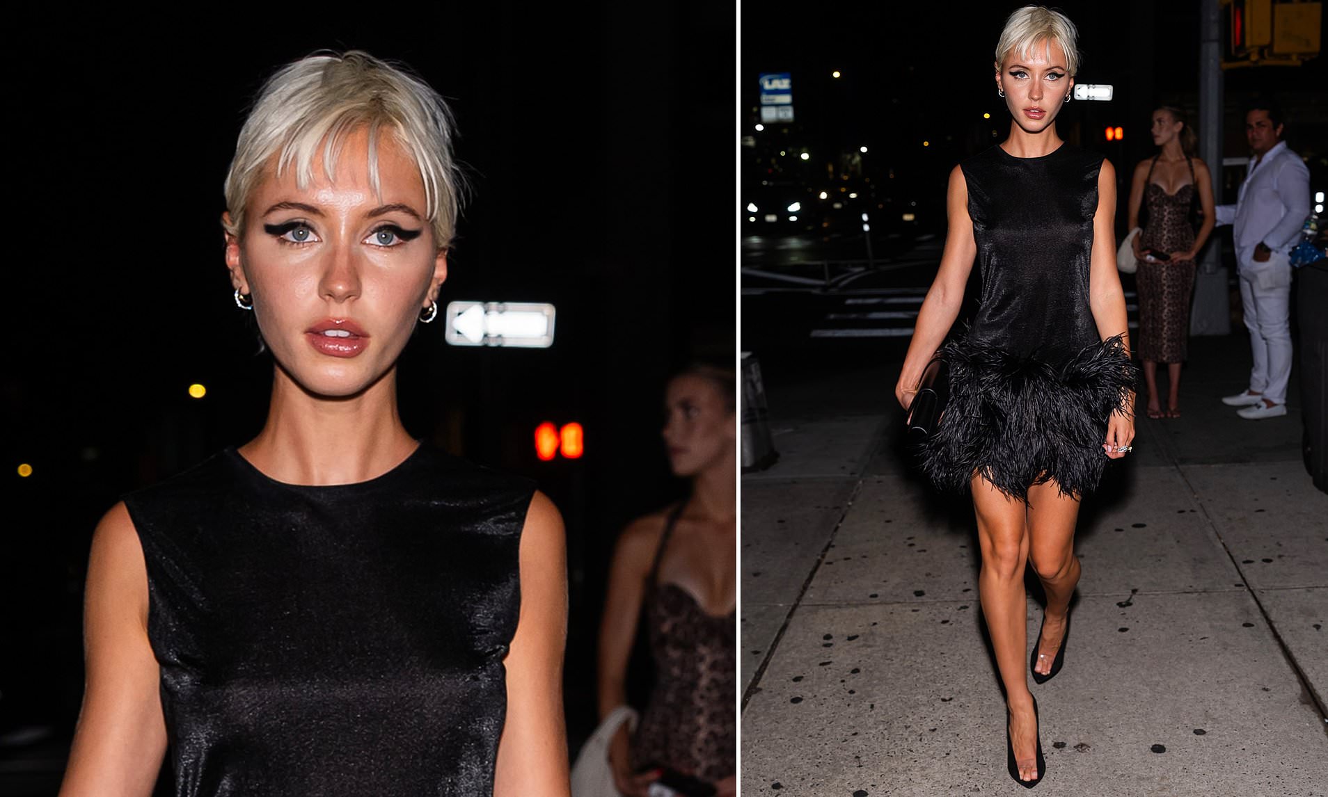 Iris Law parties in a feathered dress after taking over the catwalk with fellow nepo baby Lila Moss