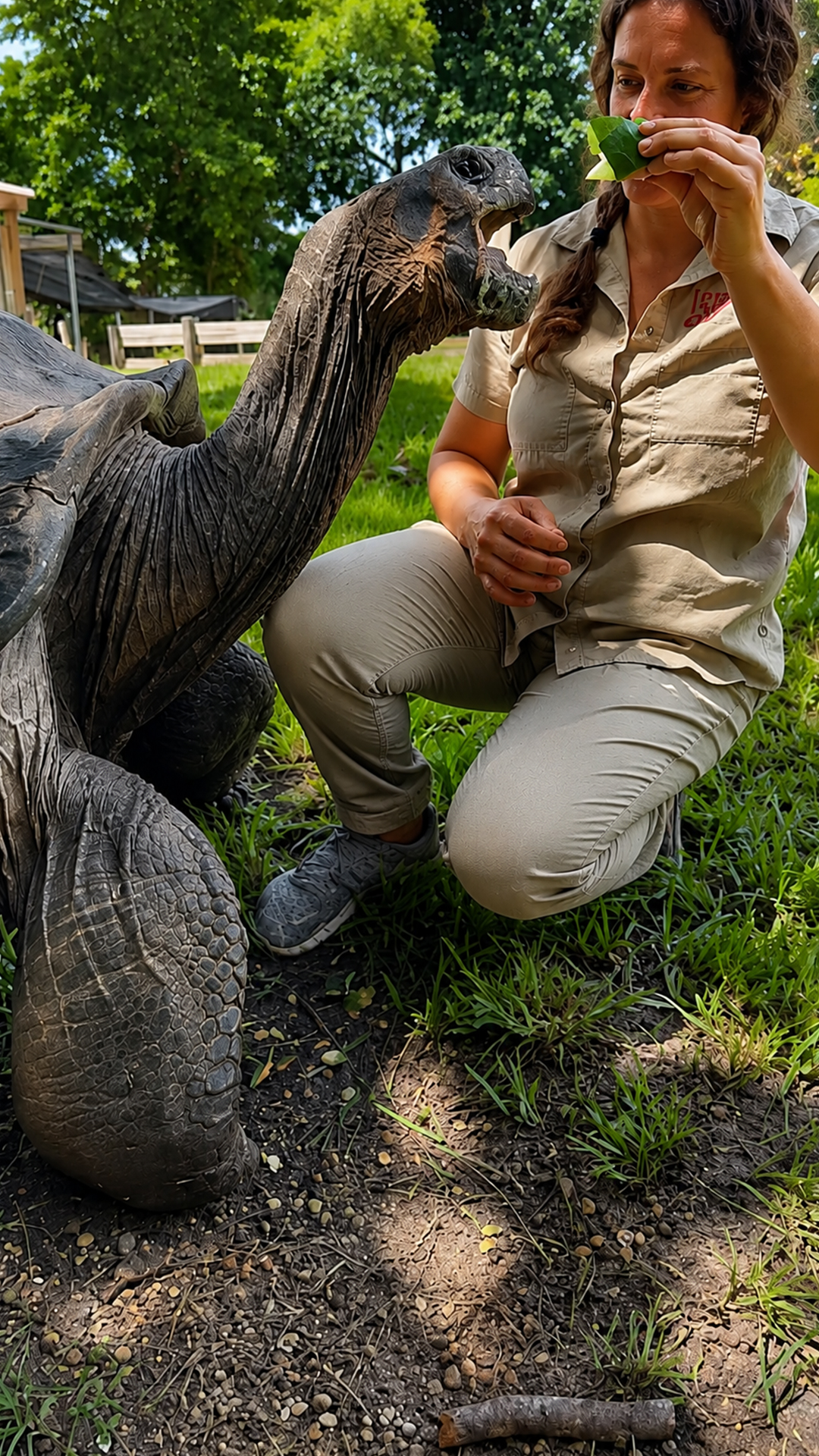 Aldabra island tortoise chomps down on fresh veggies in crisp ASMR