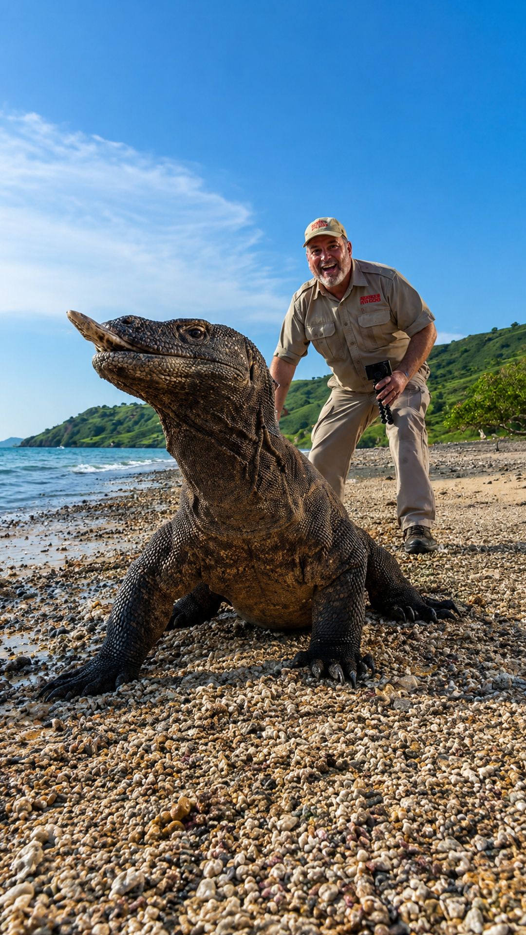Predatory Komodo dragon gulps down a giant river eel without chewing