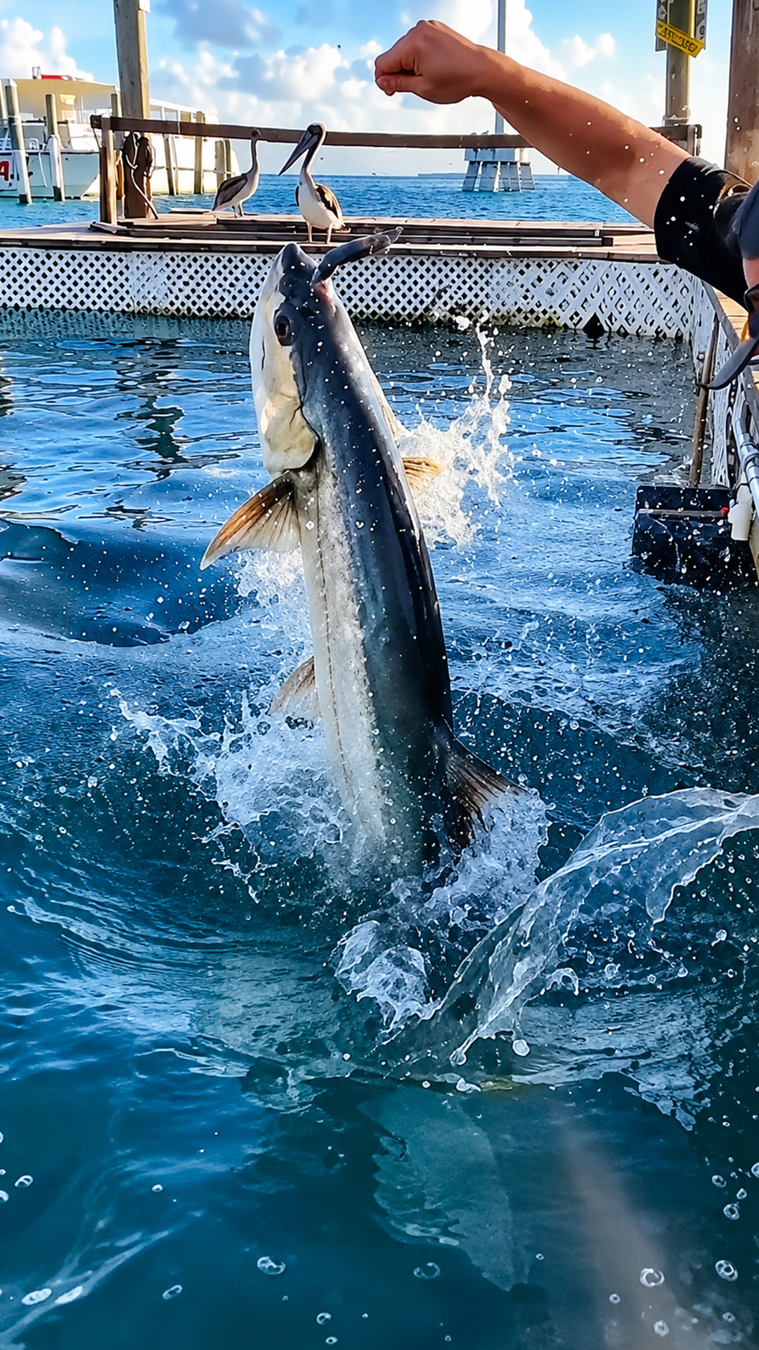 Silver king tarpon explodes out of marina water in a shocking jump