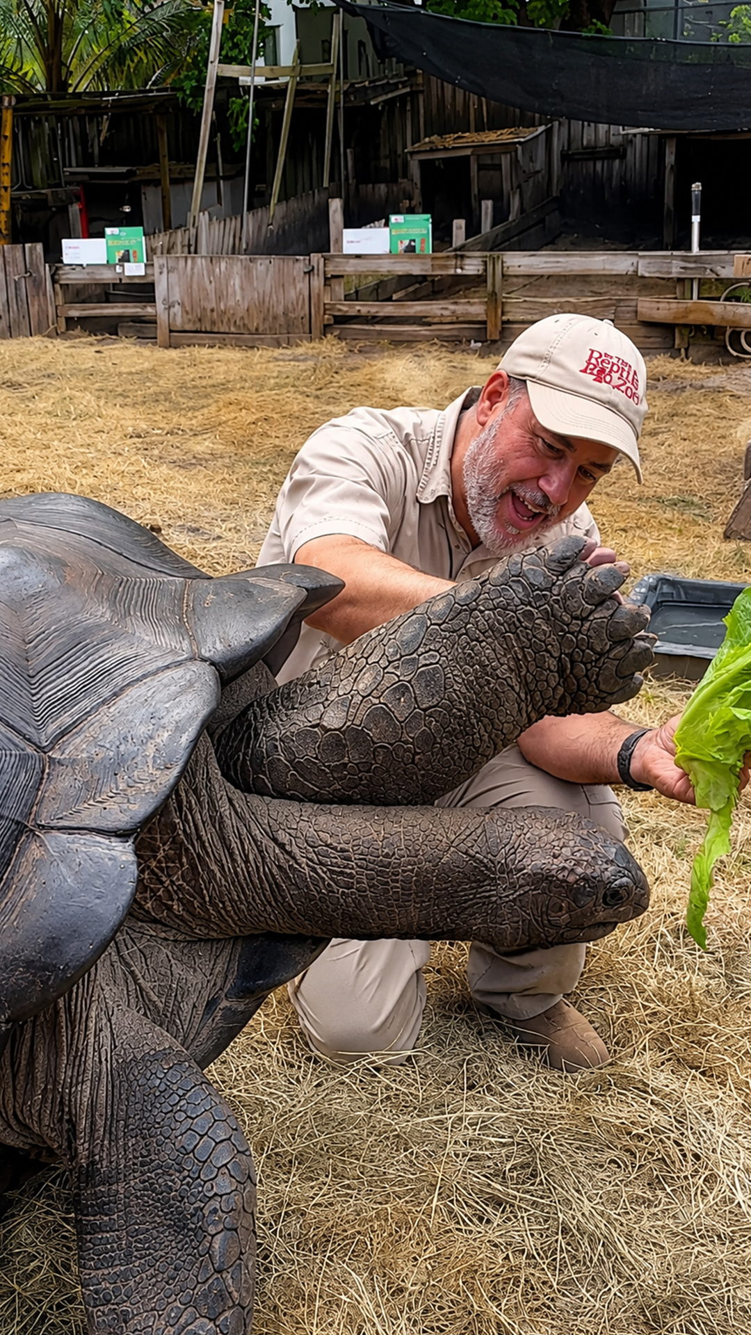 Friendly giant tortoise raises its foot to share a gentle high five