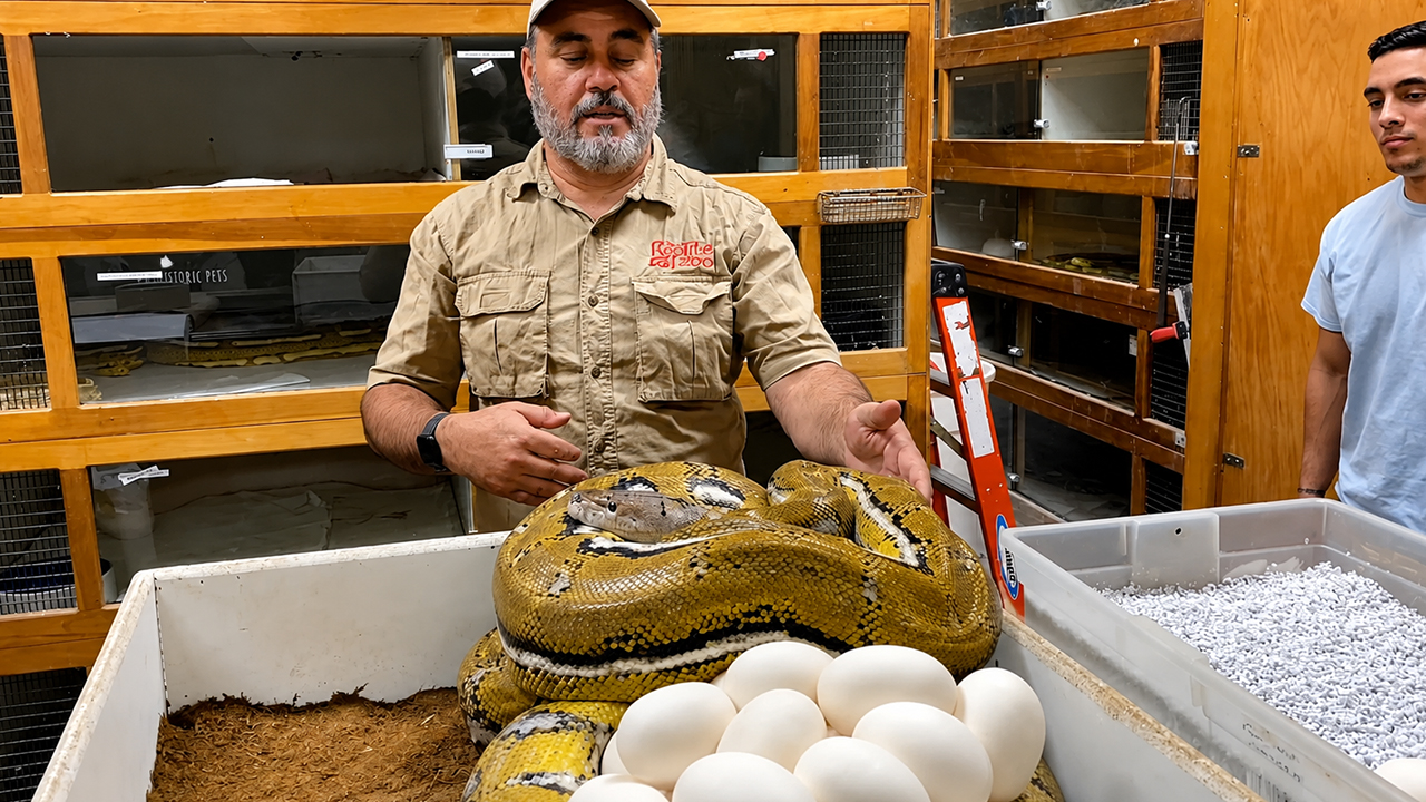 Rare morph python lays an astonishing clutch of over 50 eggs