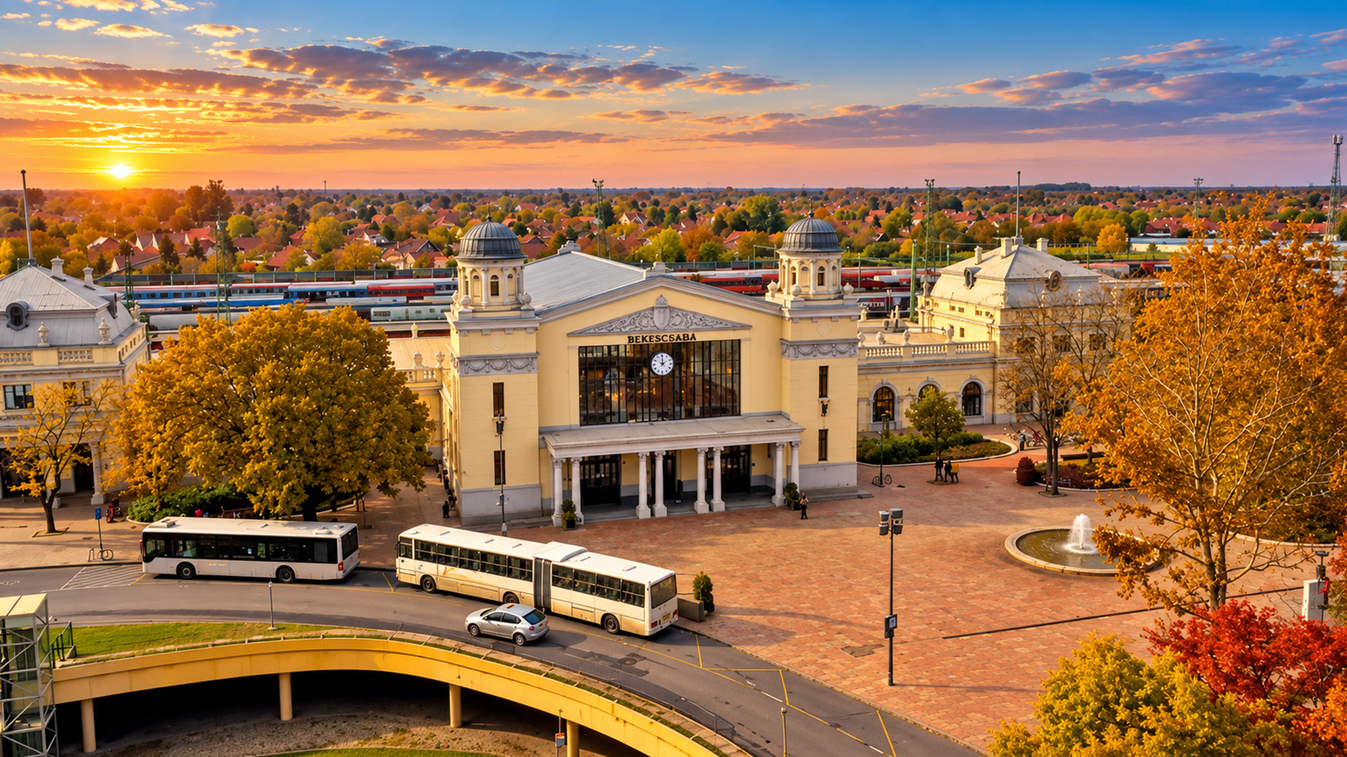 Békéscsaba railway station among colorful autumn trees