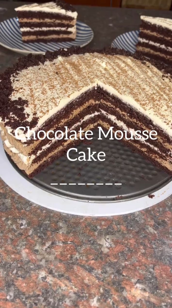 Inside a rich chocolate mousse cake