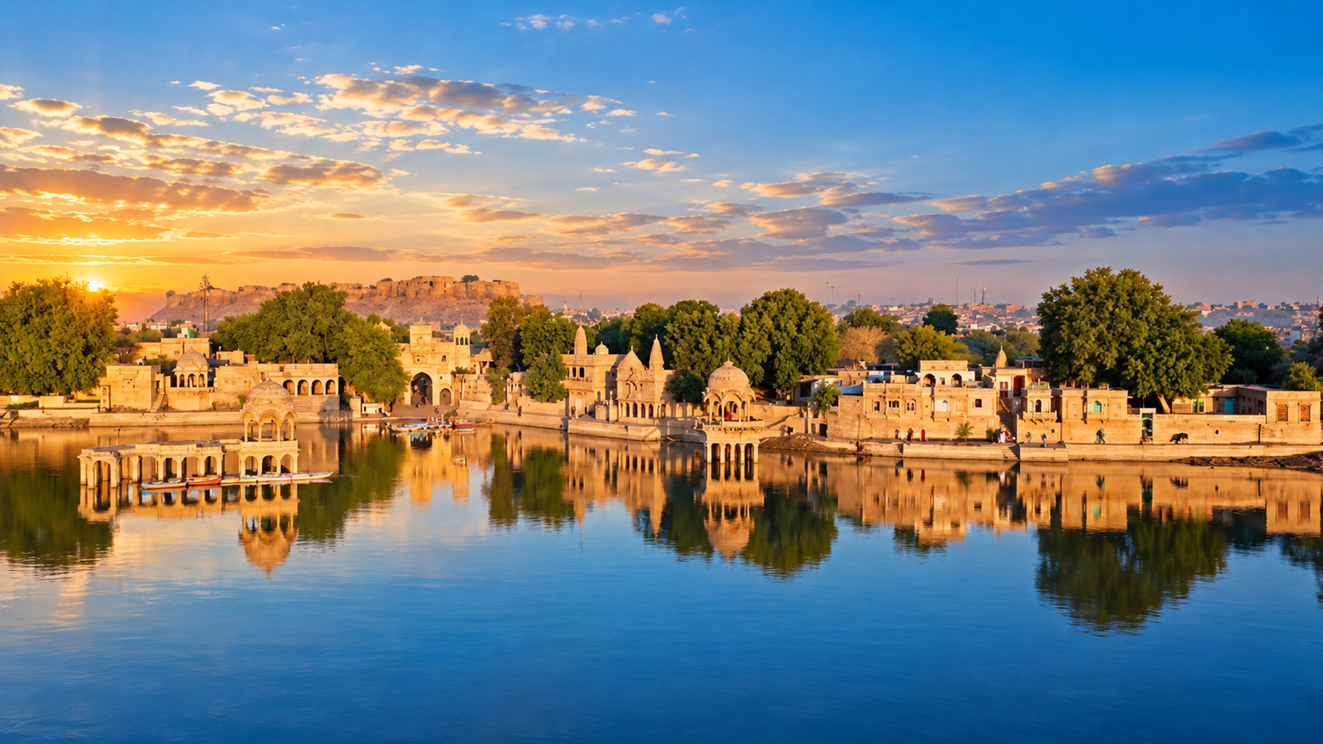Gadisar Lake surrounded by Rajasthan’s golden architecture