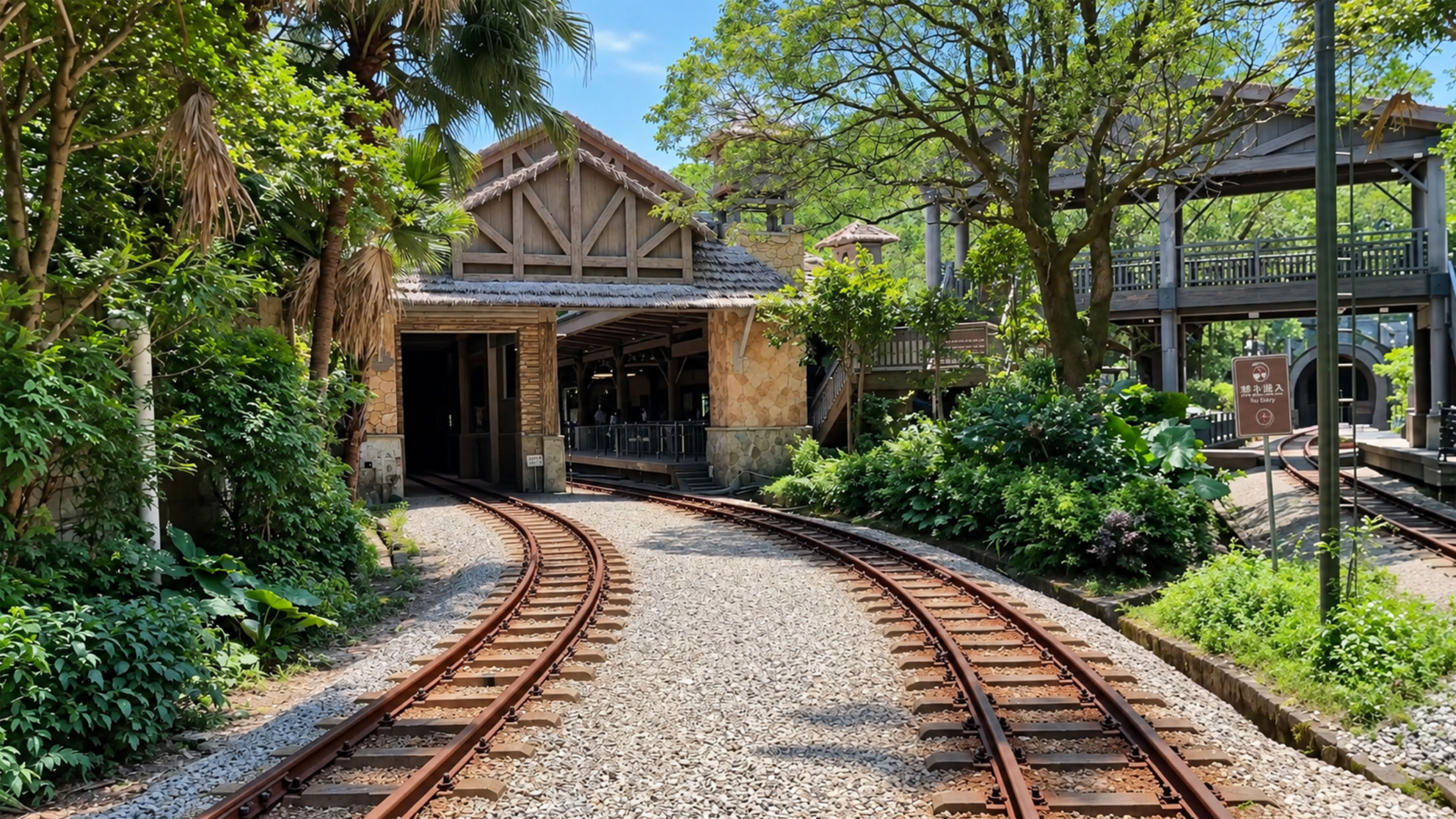Tiny railway winds through a lush green forest in China