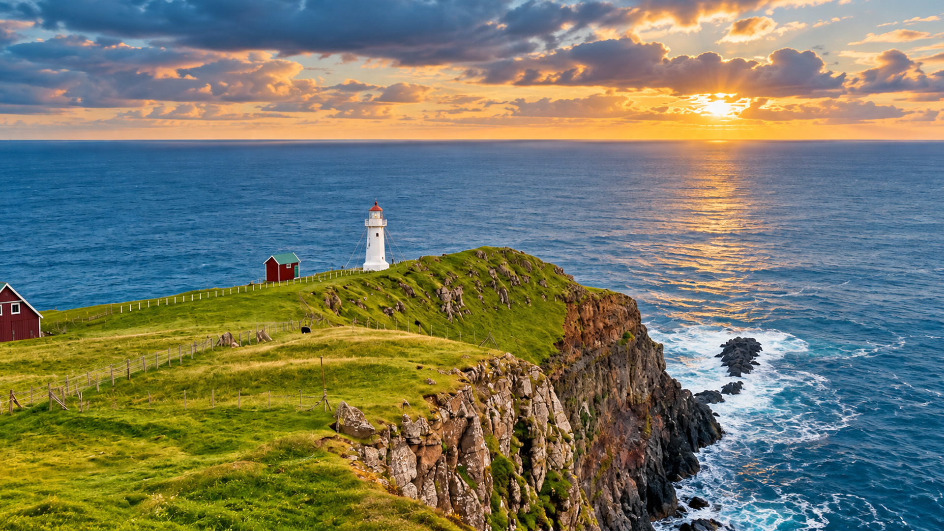 Lighthouse above the rugged Faroe Islands coast