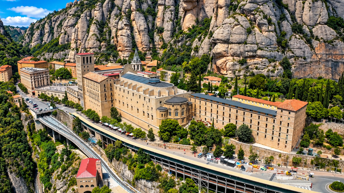 Historic monastery built beneath towering rock cliffs