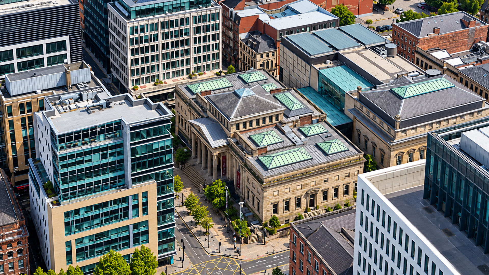 Manchester Art Gallery surrounded by modern city buildings