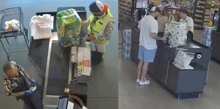 Ionut Ilie, as seen in both images, used paper towels to conceal his installation of skimming devices on credit-card readers in California, prosecutors allege.
