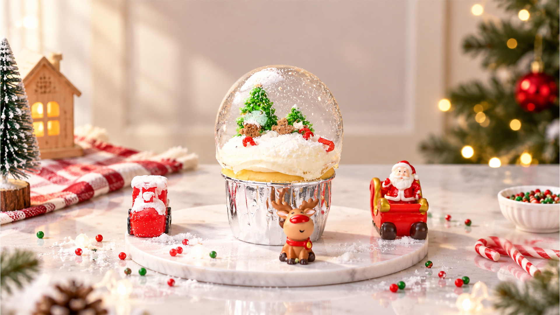 Edible snow globe cupcake with Christmas trees