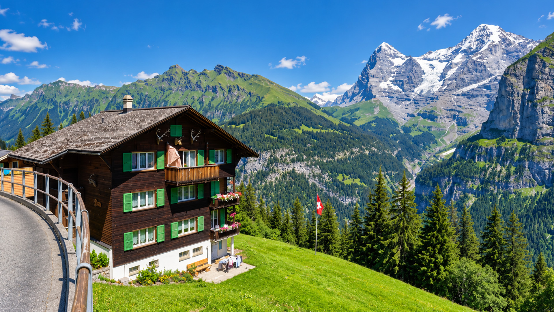 Walking through car free Mürren Switzerland