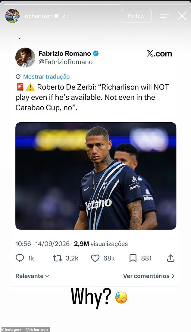 Earlier this week Richarlison shared a screenshot of a social media post about his omission and accompanied it with the message 'Why?' and a tearful sad-faced emoji