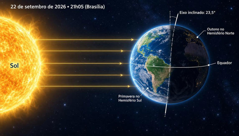 Posição da Terra no equinócio que marca o início da primavera no Hemisfério Sul.
