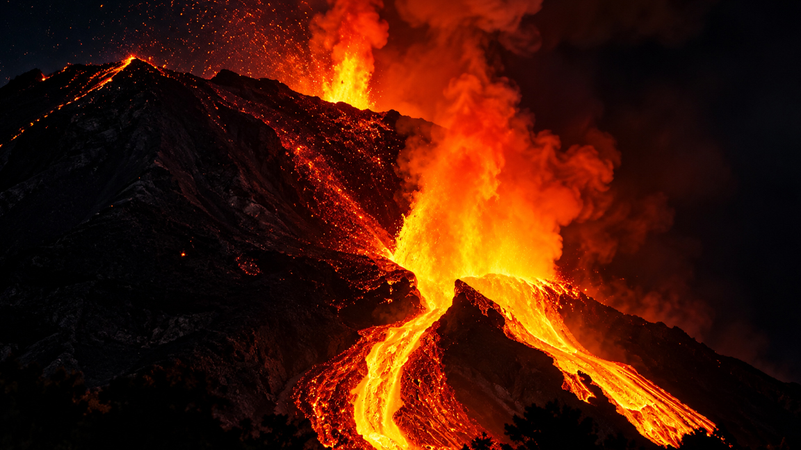 Fiery lava erupts and pours down a volcano at night