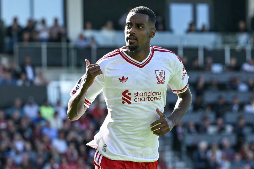 Alexander Isak celebrates scoring for Liverpool against Bournemouth.